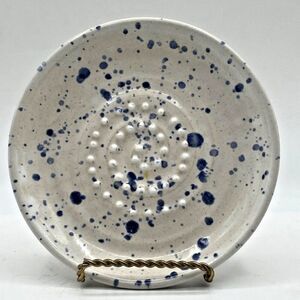 Hand Made Art Studio Stoneware Garlic Grater Dish 5.5" Blue Spatter Signed